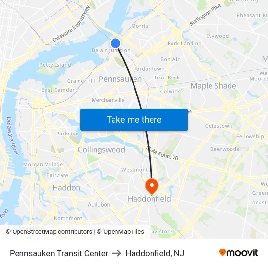 Pennsauken Transit Center to Haddonfield, NJ map