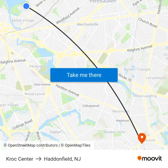Kroc Center to Haddonfield, NJ map