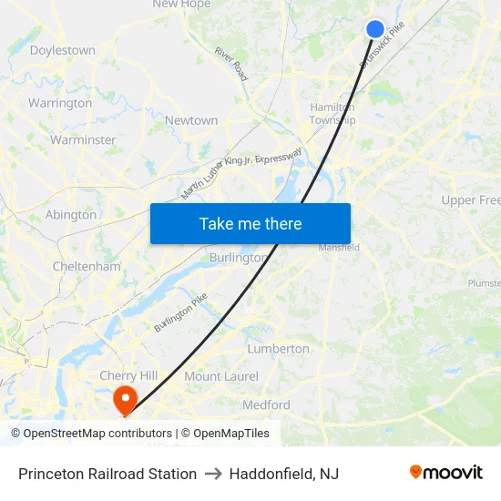 Princeton Railroad Station to Haddonfield, NJ map