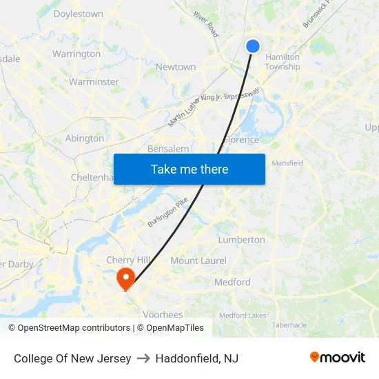 College Of New Jersey to Haddonfield, NJ map