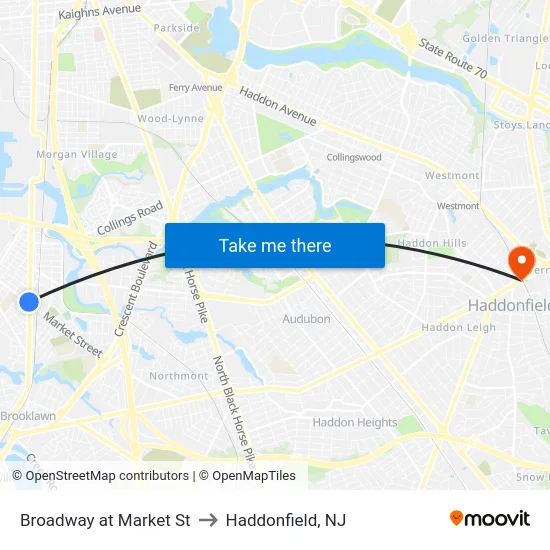 Broadway at Market St to Haddonfield, NJ map