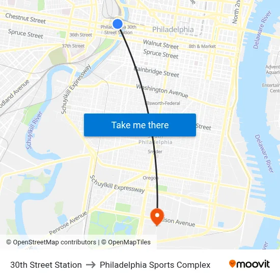 30th Street Station to Philadelphia Sports Complex map