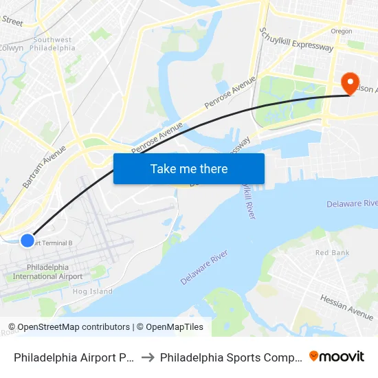 Philadelphia Airport PHL to Philadelphia Sports Complex map