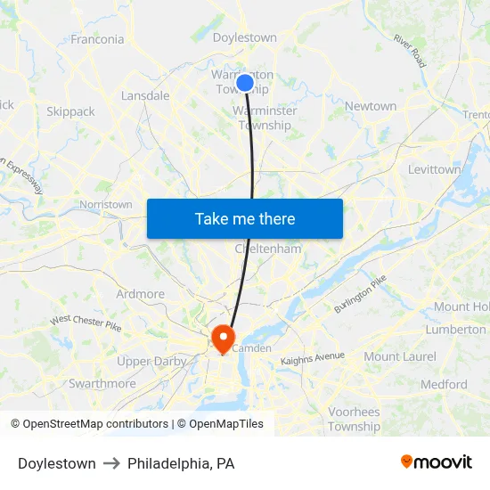 Doylestown to Philadelphia, PA map