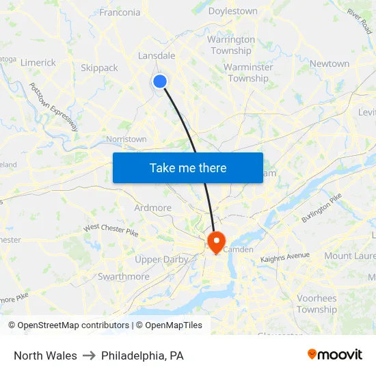 North Wales to Philadelphia, PA map