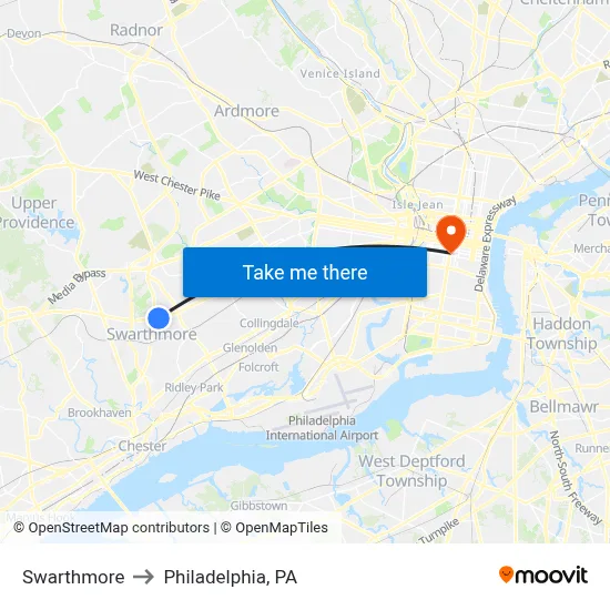 Swarthmore to Philadelphia, PA map