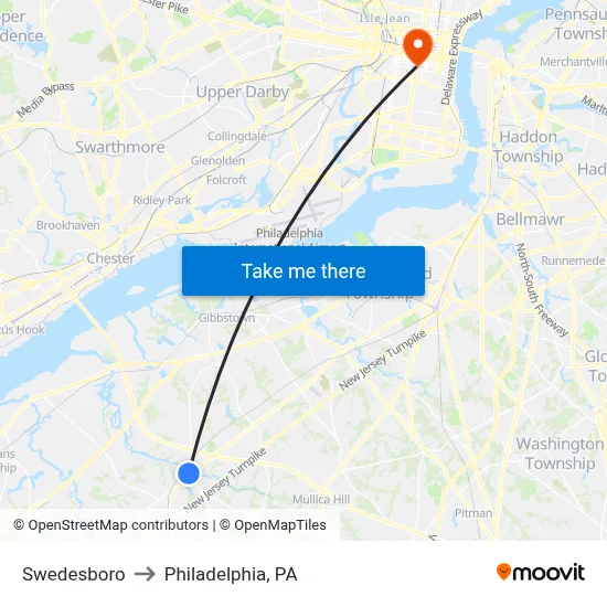 Swedesboro to Philadelphia, PA map