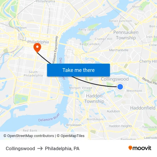 Collingswood to Philadelphia, PA map