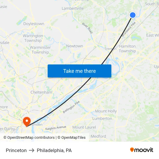Princeton to Philadelphia, PA map