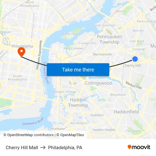 Cherry Hill Mall to Philadelphia, PA map