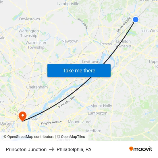Princeton Junction to Philadelphia, PA map