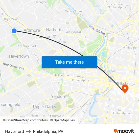 Haverford to Philadelphia, PA map