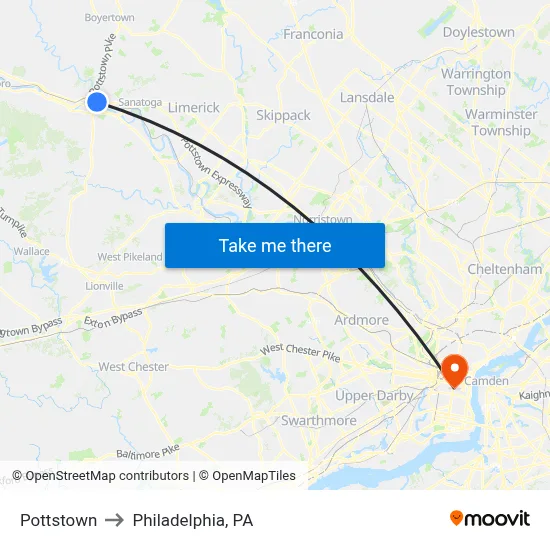 Pottstown to Philadelphia, PA map