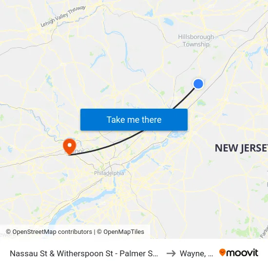 Nassau St & Witherspoon St - Palmer Square to Wayne, PA map