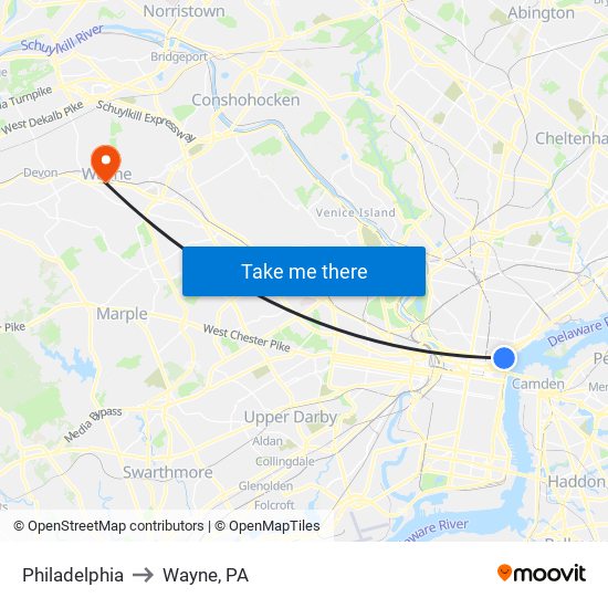 Philadelphia to Wayne, PA map