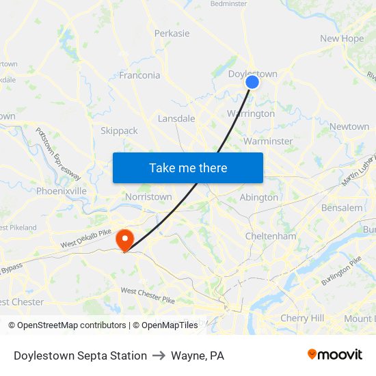 Doylestown Septa Station to Wayne, PA map