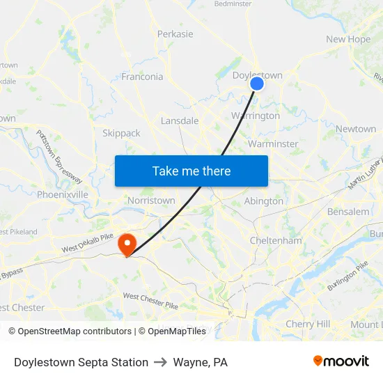 Doylestown Septa Station to Wayne, PA map
