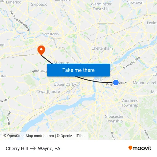 Cherry Hill to Wayne, PA map