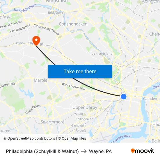 Philadelphia (Schuylkill & Walnut) to Wayne, PA map