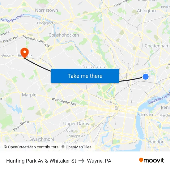Hunting Park Av & Whitaker St to Wayne, PA map