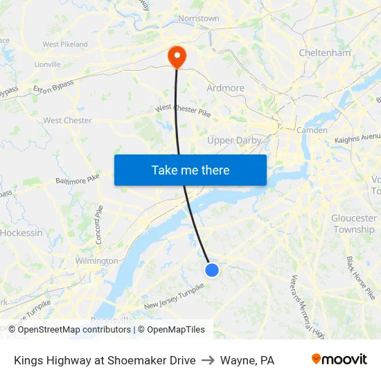 Kings Highway at Shoemaker Drive to Wayne, PA map