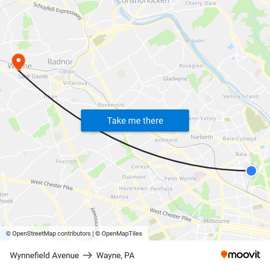 Wynnefield Avenue to Wayne, PA map