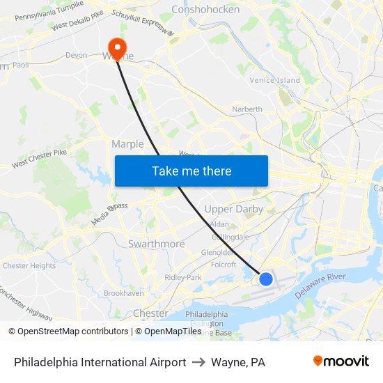 Philadelphia International Airport to Wayne, PA map