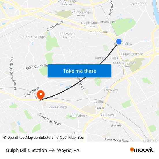 Gulph Mills Station to Wayne, PA map