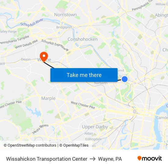 Wissahickon Transit Center to Wayne, PA map