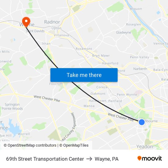 69th Street Transportation Center to Wayne, PA map