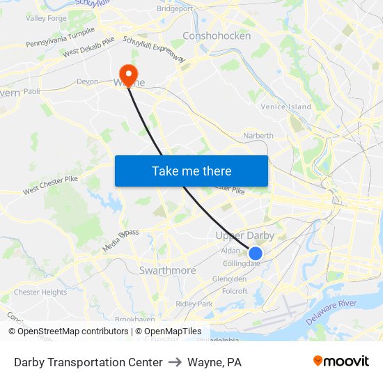 Darby Transportation Center to Wayne, PA map