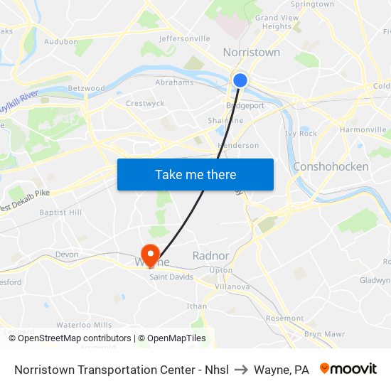 Norristown Transportation Center - Nhsl to Wayne, PA map