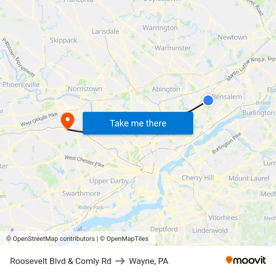 Roosevelt Blvd & Comly Rd to Wayne, PA map