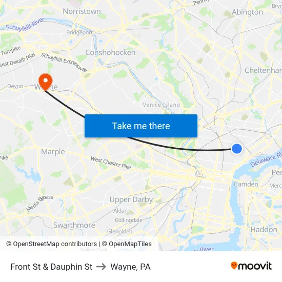 Front St & Dauphin St to Wayne, PA map