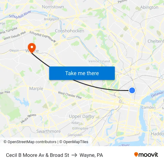 Cecil B Moore Av & Broad St to Wayne, PA map