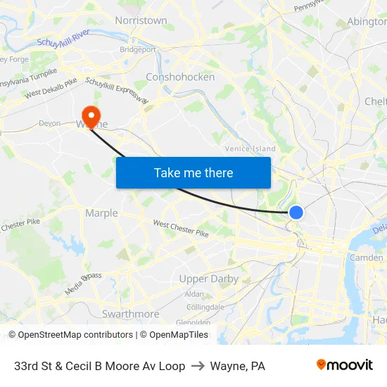 33rd St & Cecil B Moore Av Loop to Wayne, PA map