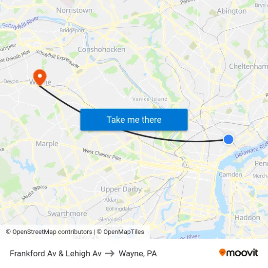 Frankford Av & Lehigh Av to Wayne, PA map
