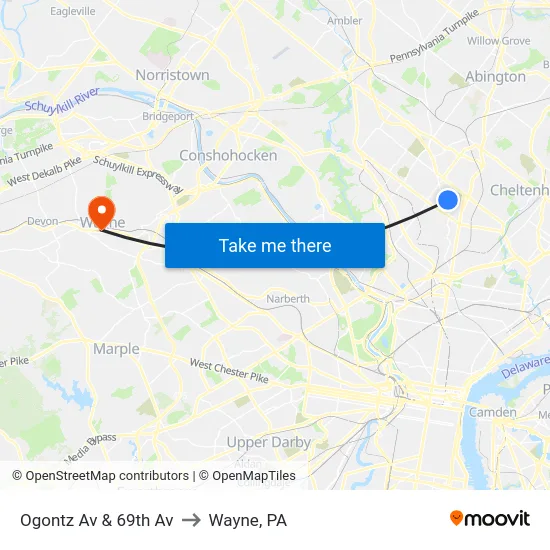 Ogontz Av & 69th Av to Wayne, PA map