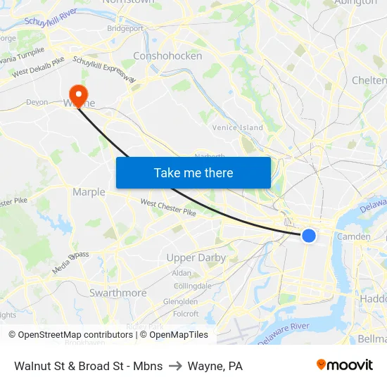 Walnut St & Broad St - Mbns to Wayne, PA map