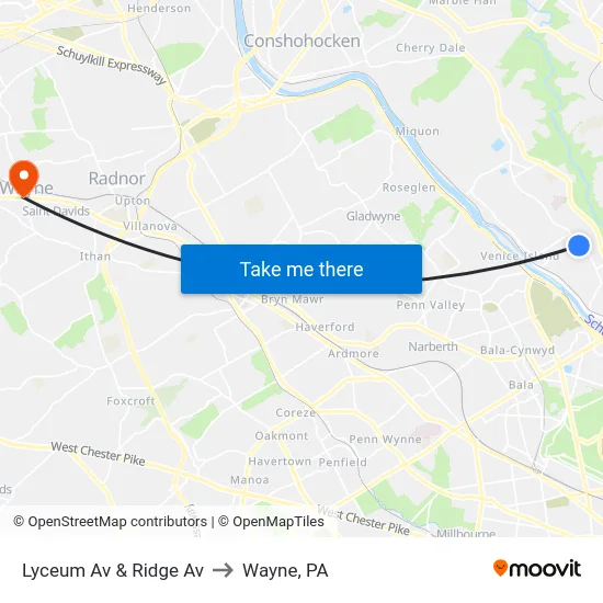 Lyceum Av & Ridge Av to Wayne, PA map