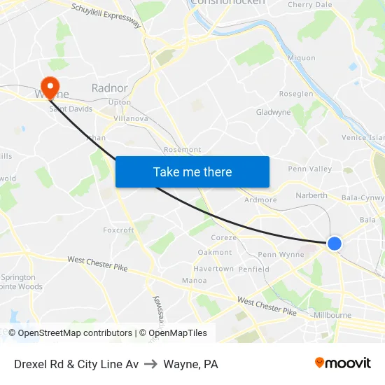 Drexel Rd & City Line Av to Wayne, PA map