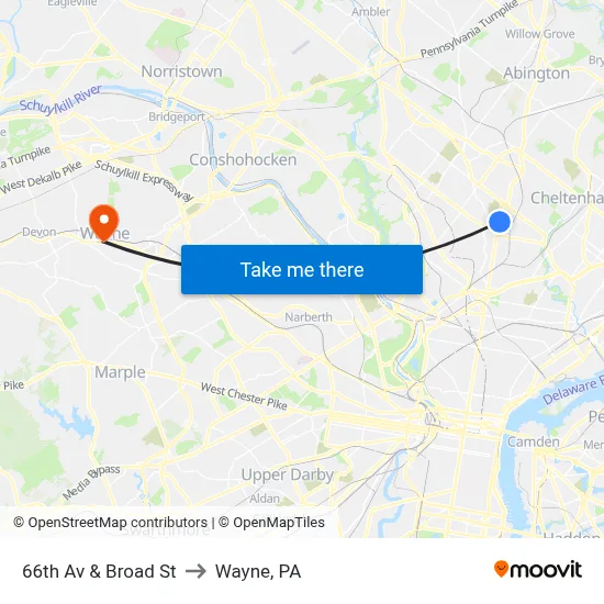 66th Av & Broad St to Wayne, PA map