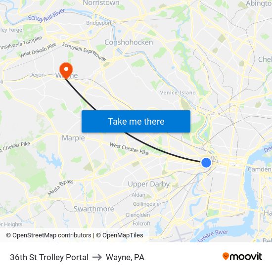 36th St Trolley Portal to Wayne, PA map