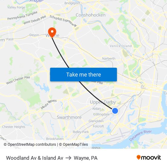 Woodland Av & Island Av to Wayne, PA map