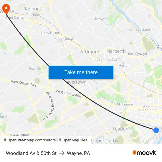 Woodland Av & 50th St to Wayne, PA map