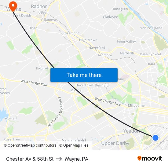 Chester Av & 58th St to Wayne, PA map