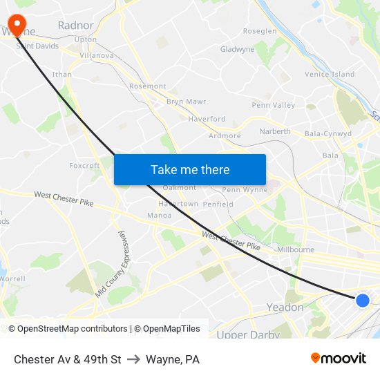 Chester Av & 49th St to Wayne, PA map