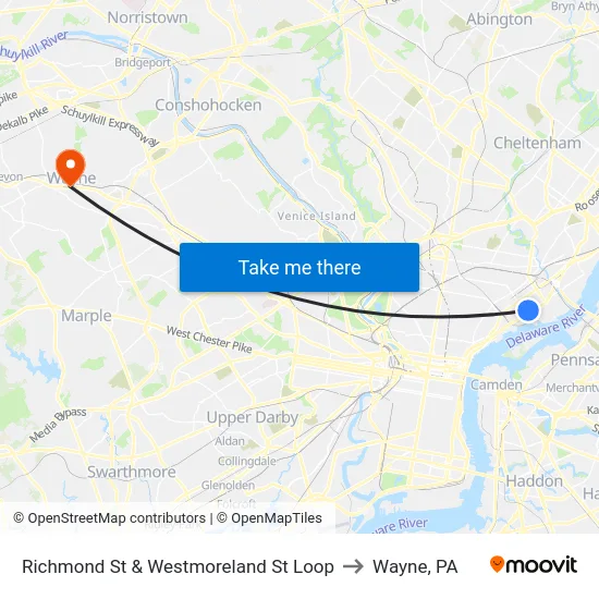 Richmond St & Westmoreland St Loop to Wayne, PA map