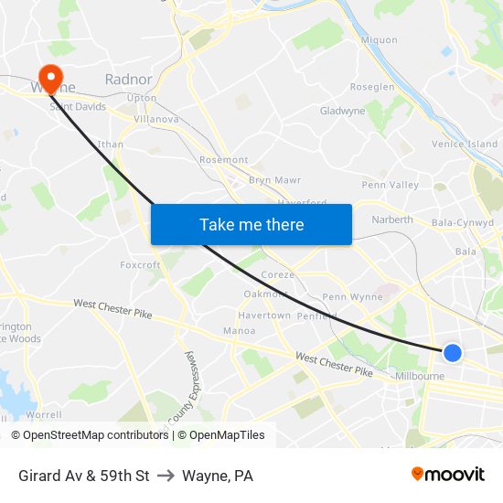 Girard Av & 59th St to Wayne, PA map