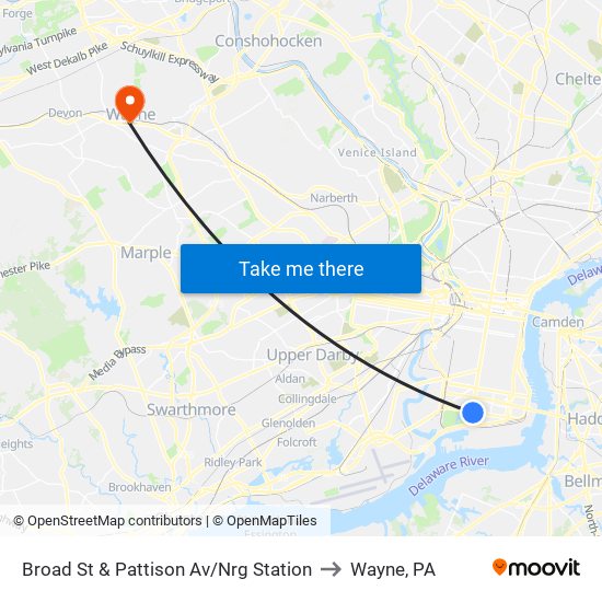 Broad St & Pattison Av/Nrg Station to Wayne, PA map